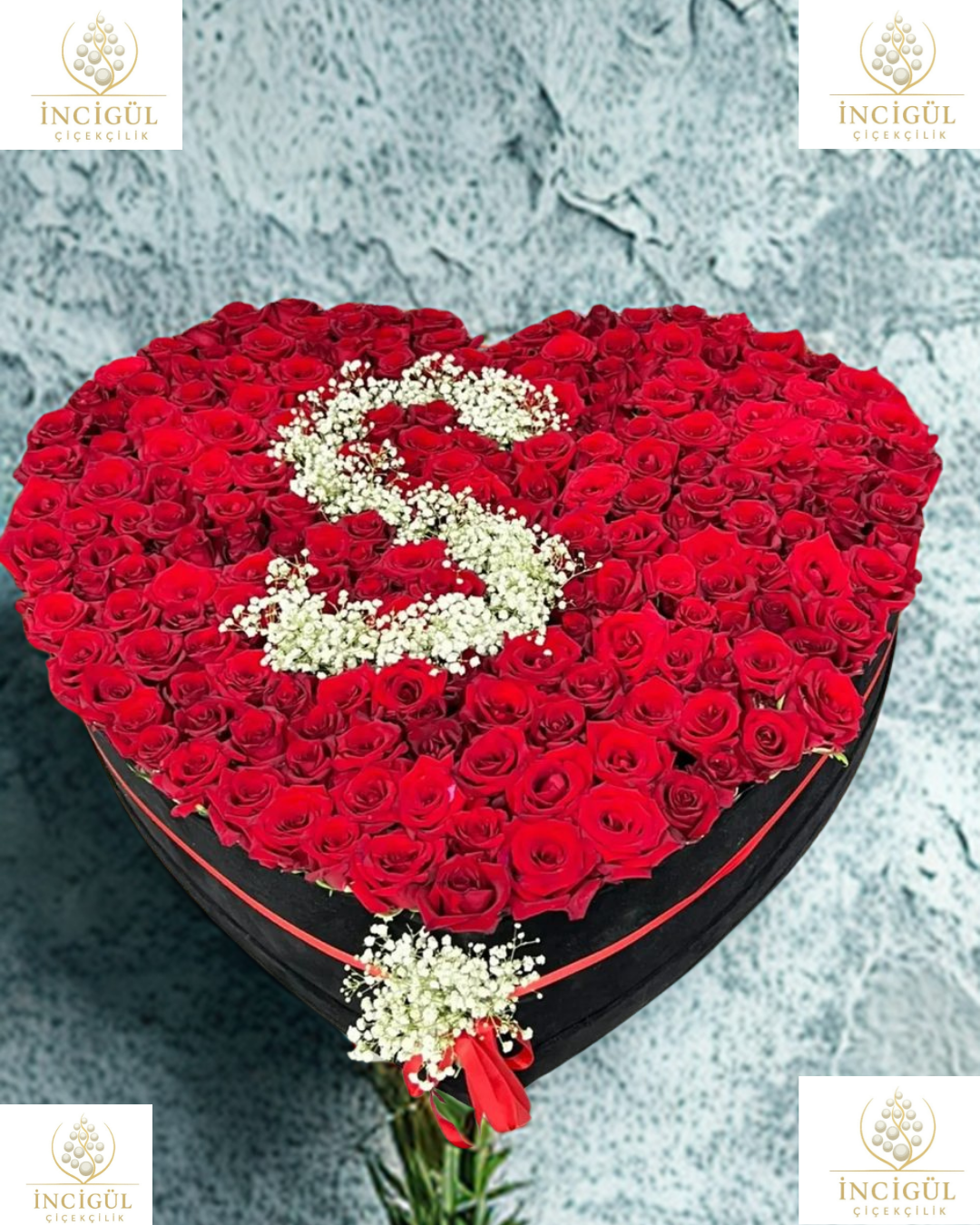 Kalpli Kutuda Kırmızı Güllerle Kişiye Özel Harf