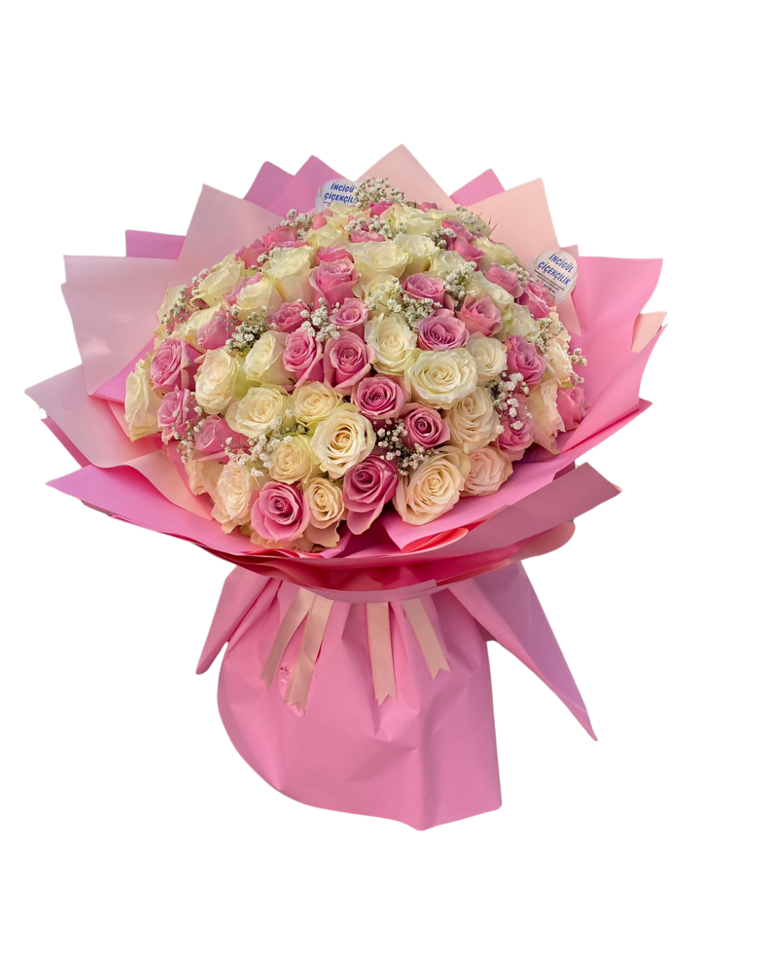 Kişiye Özel Pembe Buket Kağıtta Rosa (Pembe) ve Beyaz Güller