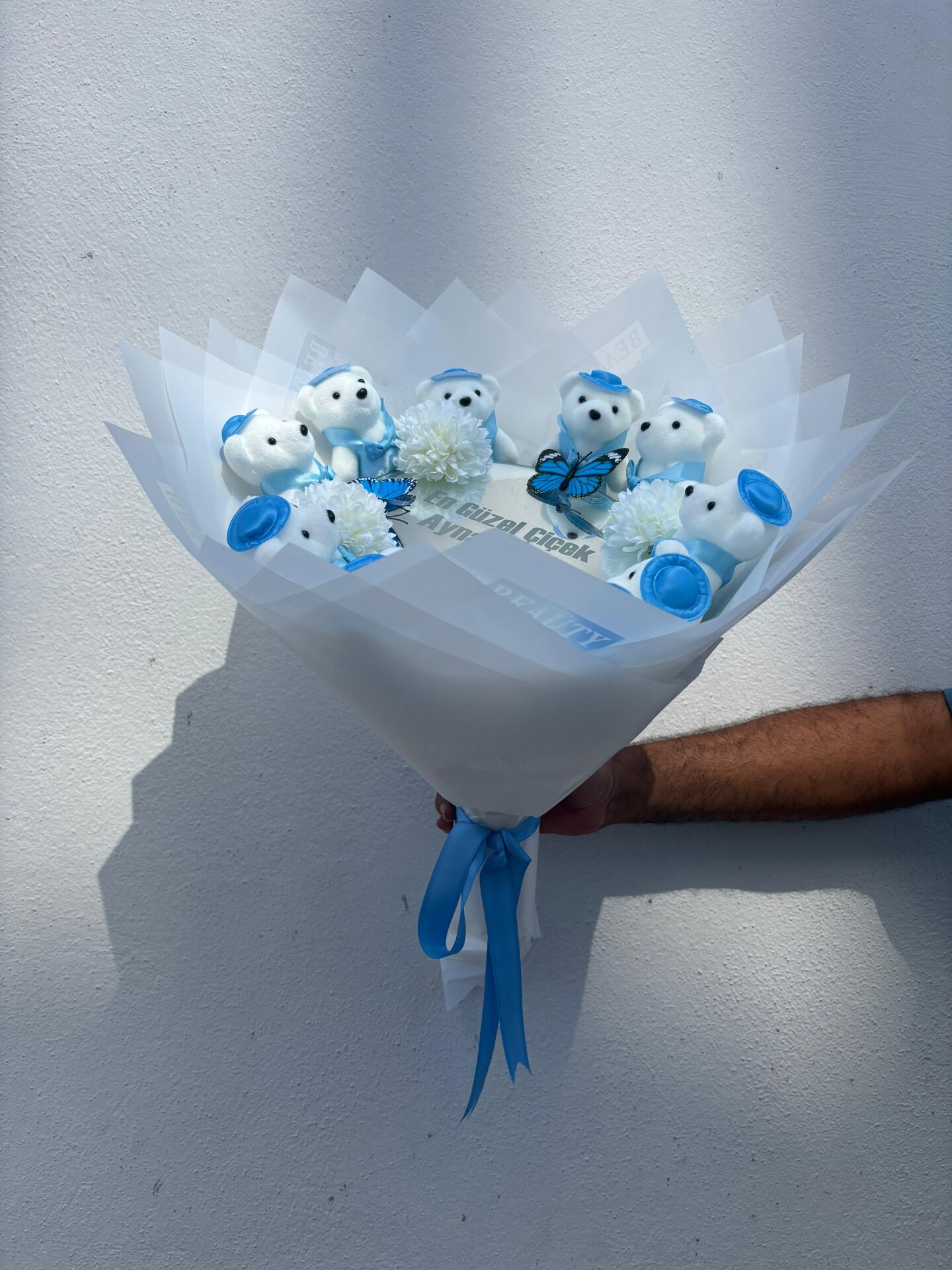 Mavi Beyaz Ayıcıklı Aynalı Buket