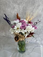 Kristal Cam Vazoda Beyaz Papatya ve Lila Gül