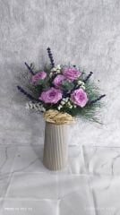 Bej Plastik Vazoda 5'li Lila Gül