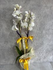 2 Dal  Beyaz Orkide Çiçeği Leopar Renkli Buket Kağıtta