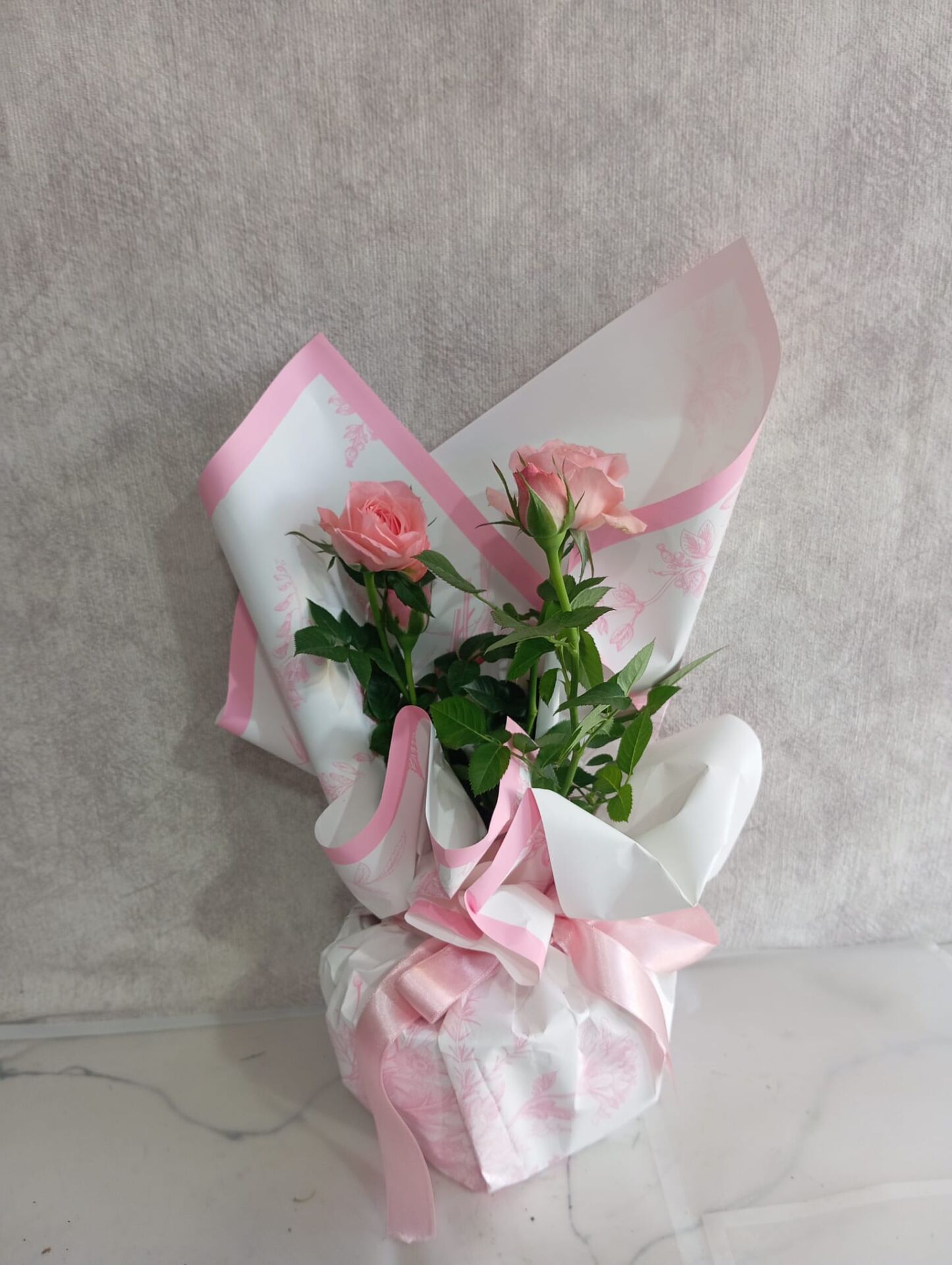 Desenli Buket Kağıtta Saksıda Pembe Çardak Güller