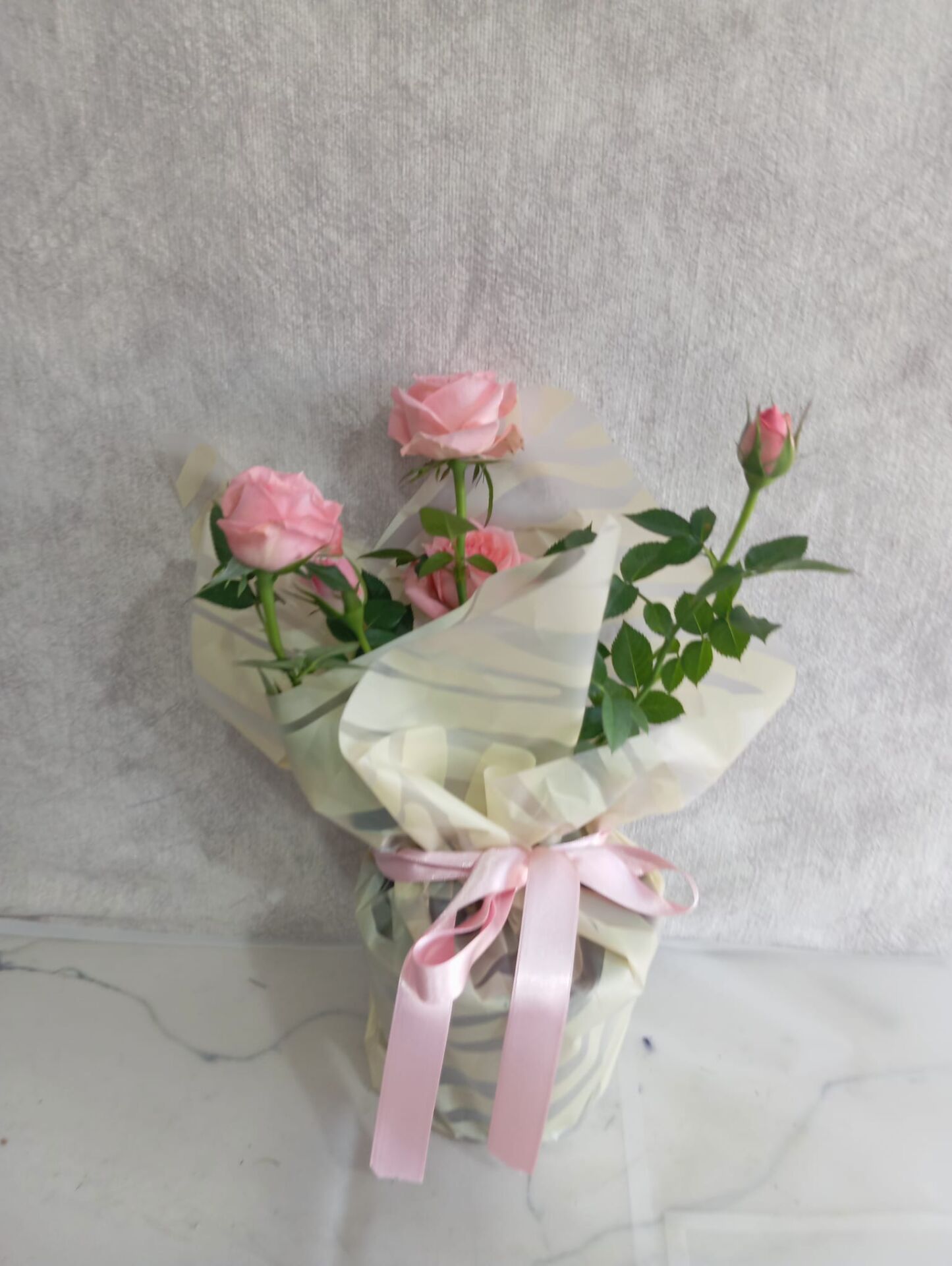 Leopar Desenli Buket Kağıdında Saksıda Pembe Çardak Güller
