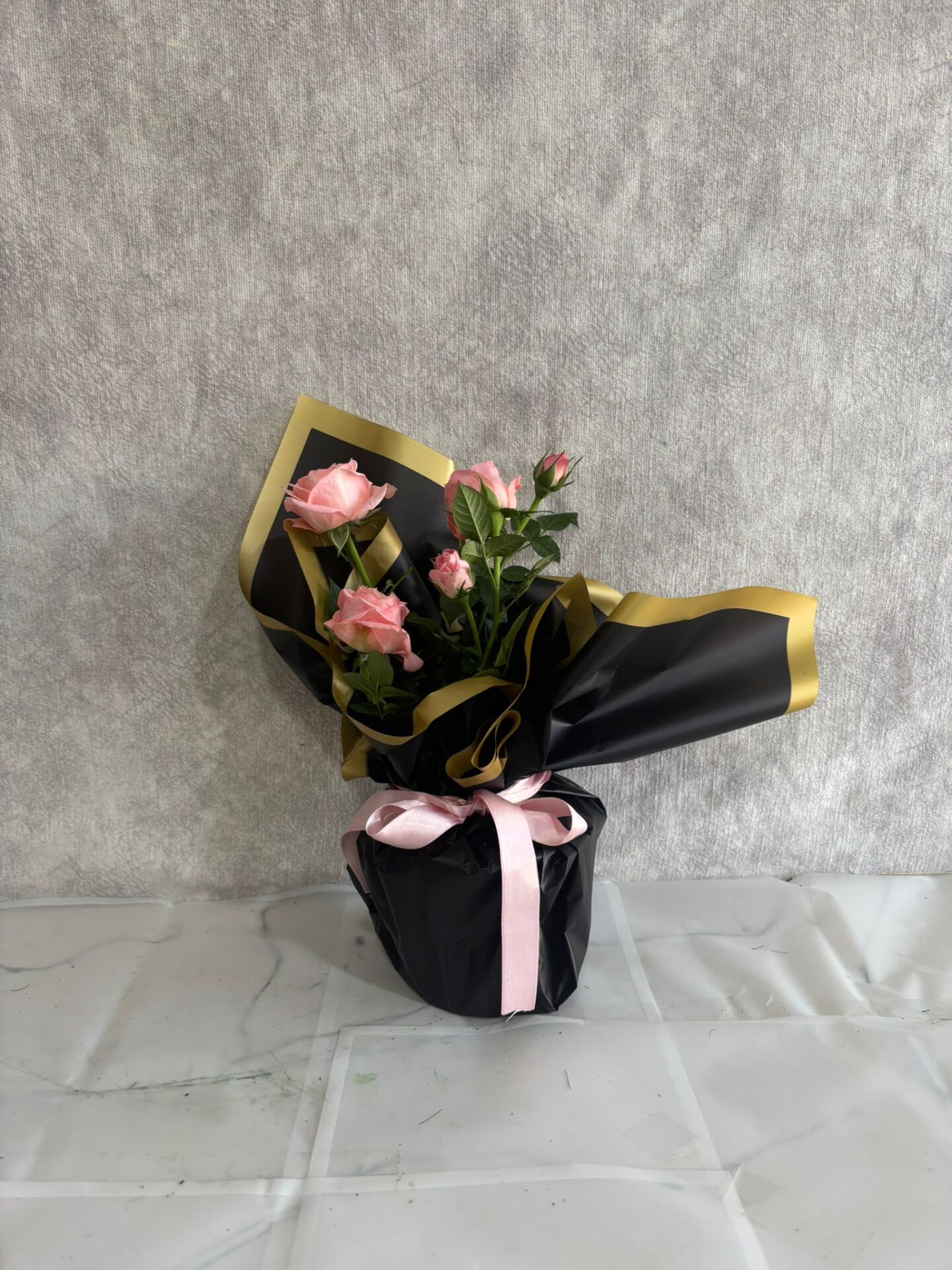 Siyah Buket Kağıtta Saksıda Pembe Çardak Güller