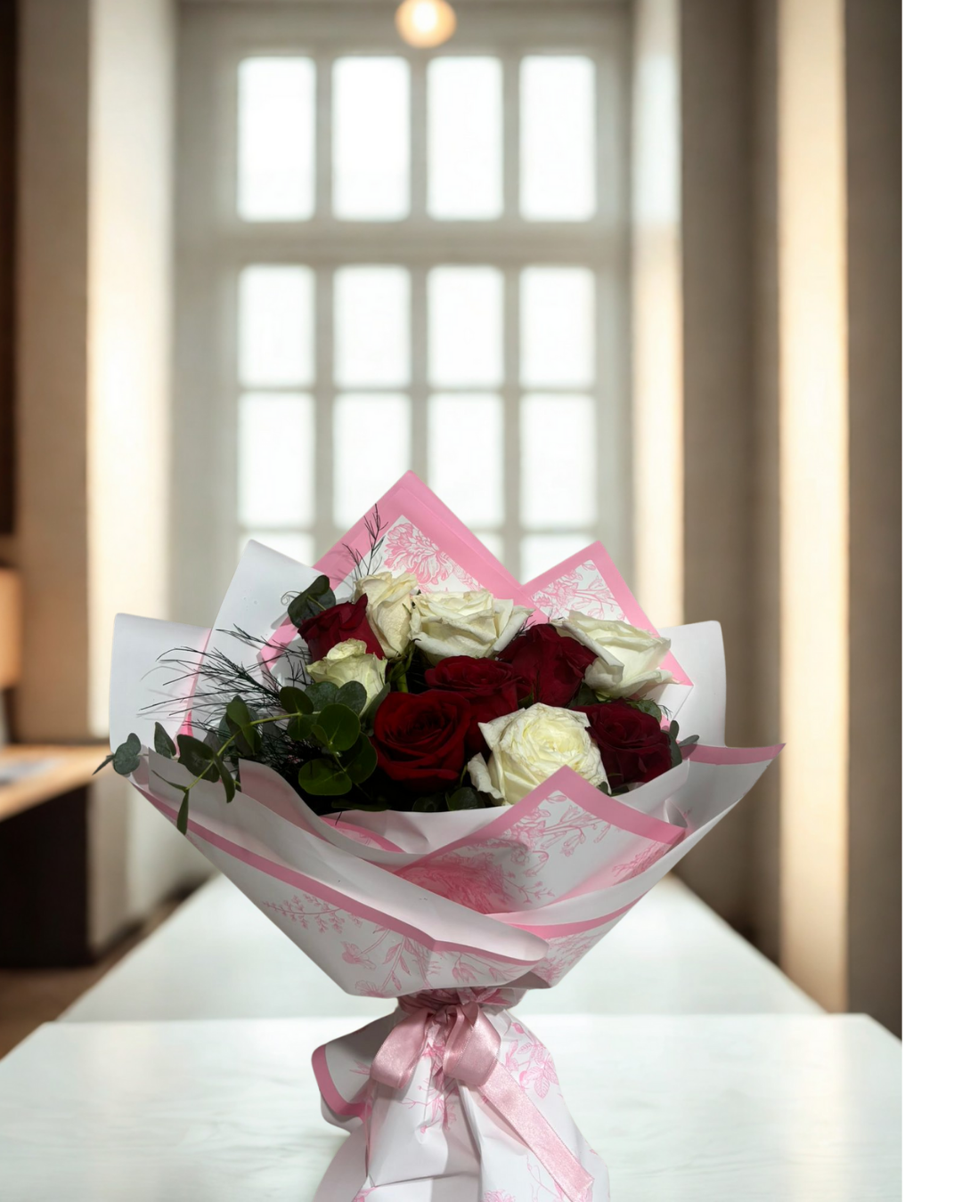 Desenli Buket Kağıtta Kırmızı Gül ve Beyaz Güller Adana çiçek