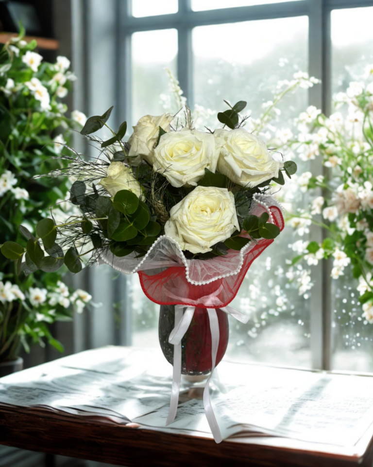 Silindir Cam Vazoda 5'li Beyaz Gül