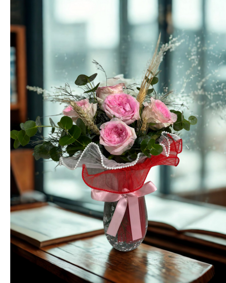 Kristal Cam Vazoda 5'li Pembe Güller Adana çiçek