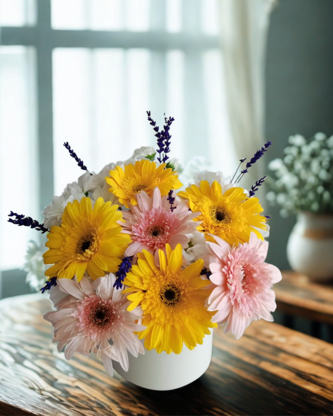 Beyaz Saksıda Renkli Gerbera ve Beyaz Papatya Aranjmanı Adana çiçek