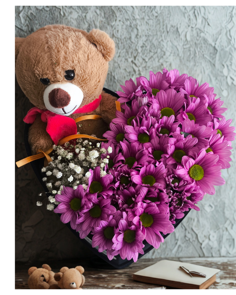 Kalpli Kutuda Ayıcık ve Pembe Papatyalar