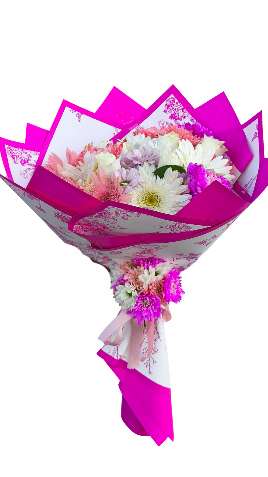 Pembe Desenli Buket Kağıdında Renkli Karışık Çiçekler