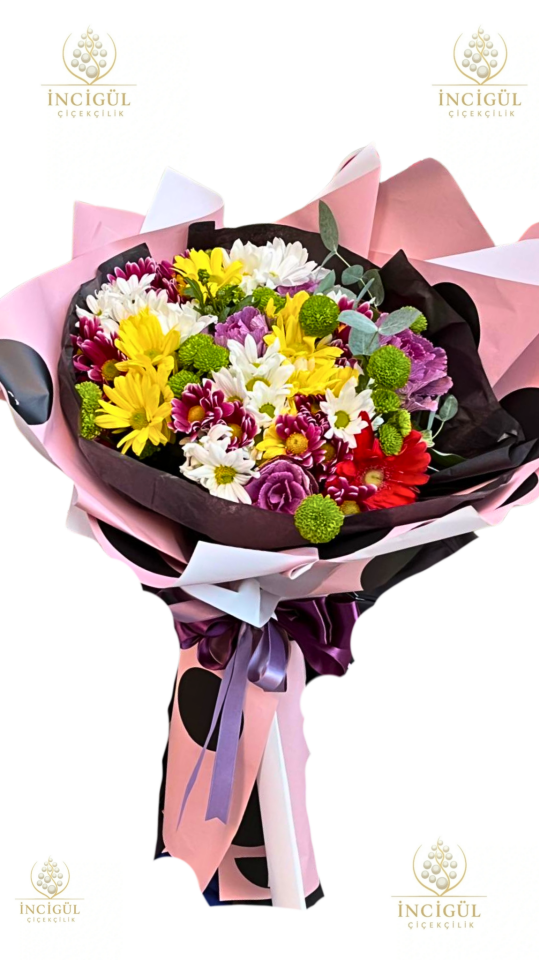 Karışık Renkli Çiçekler Buketi Kişiye Özel