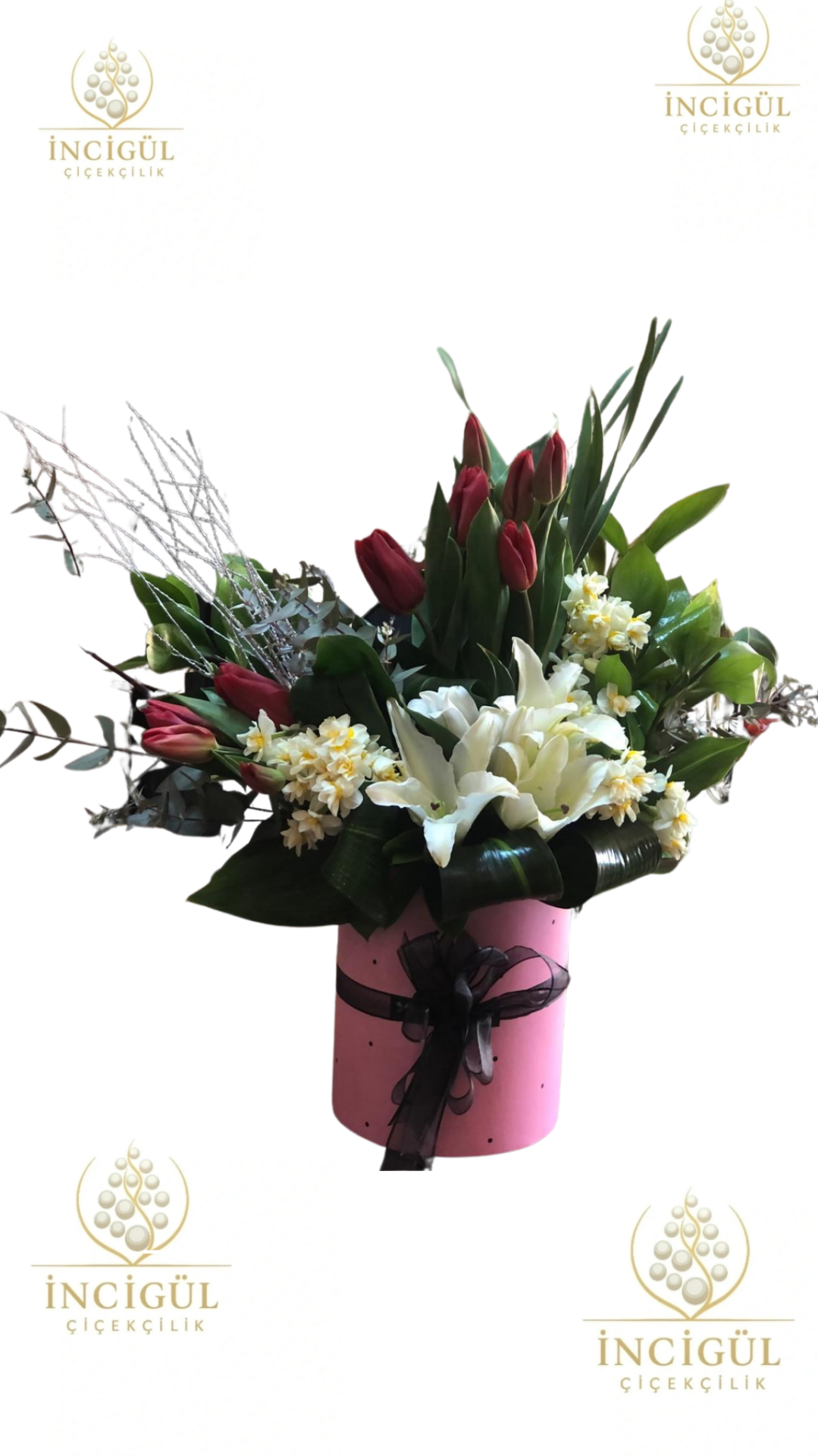 Pembe Kutuda Lale ve Lilyumlar Aranjmanı Zarifliği