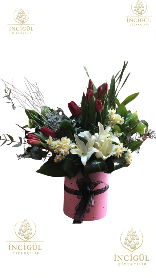 Pembe Kutuda Lale ve Lilyumlar Aranjmanı Zarifliği Adana çiçek