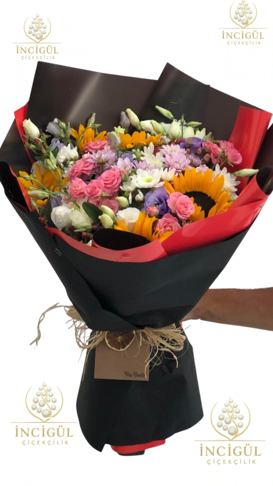 Karışık Renkli Çiçekler Ayçiçeği ve Soft Renkli Karışık Şık Buket Adana çiçek