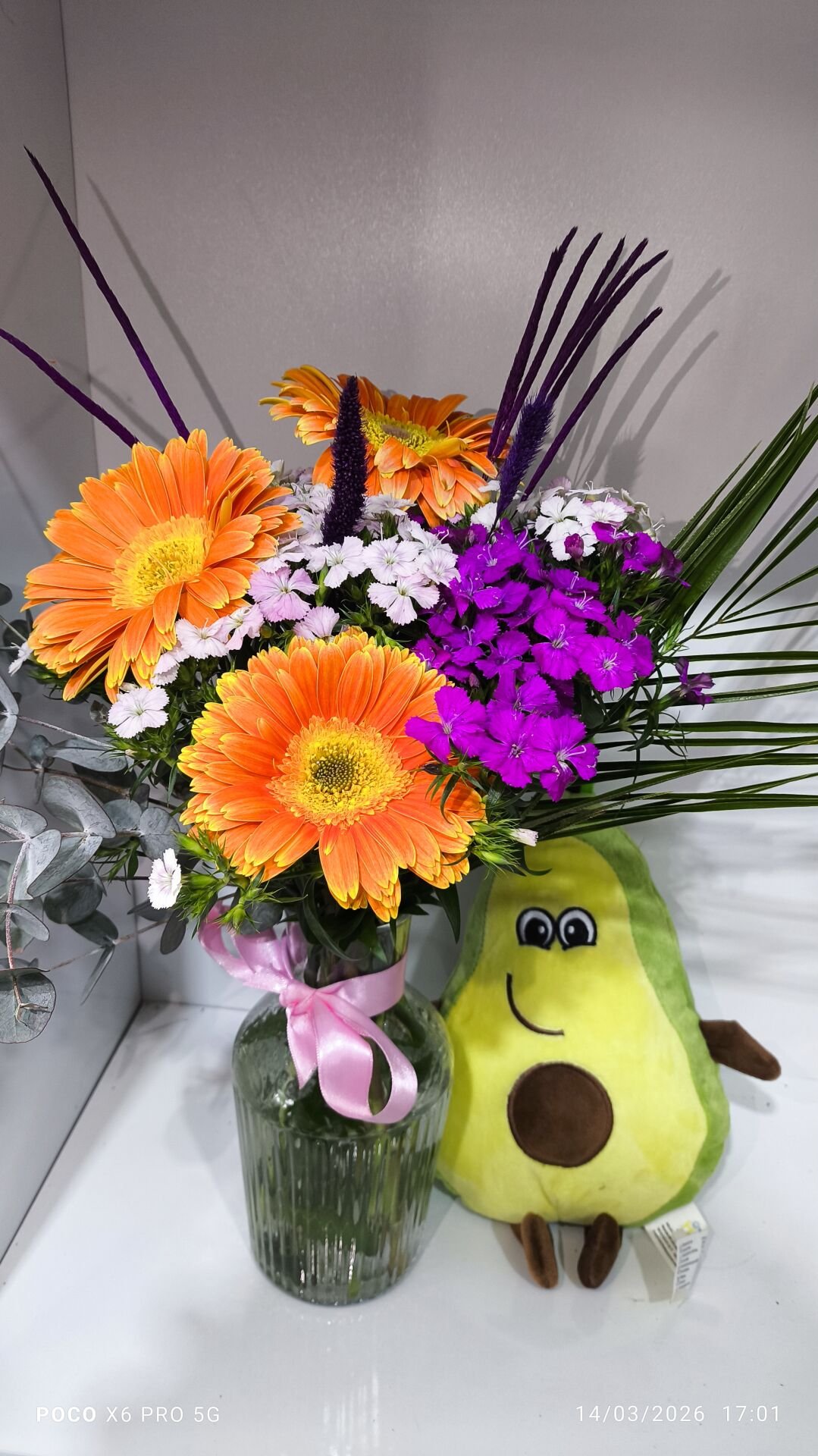 Avakado peluş ve Çizgili Cam Vazoda Turuncu Gerbera Hüsnü Yusuf aranjmanı