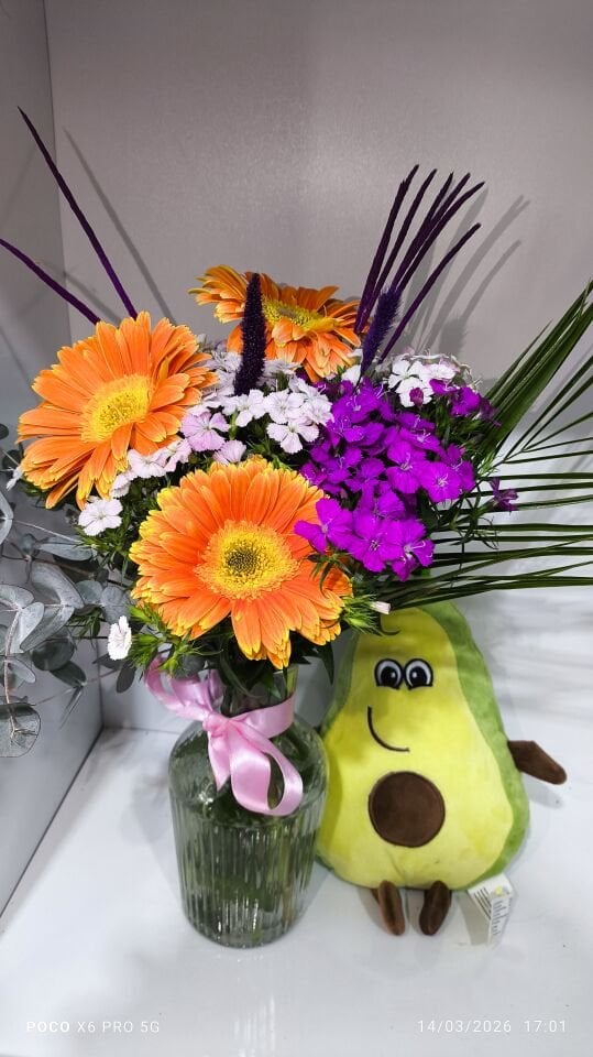 Avakado peluş ve Çizgili Cam Vazoda Turuncu Gerbera Hüsnü Yusuf aranjmanı