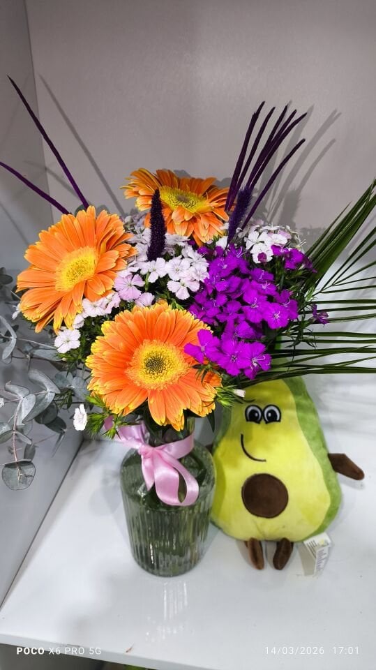 Avakado peluş ve Çizgili Cam Vazoda Turuncu Gerbera Hüsnü Yusuf aranjmanı