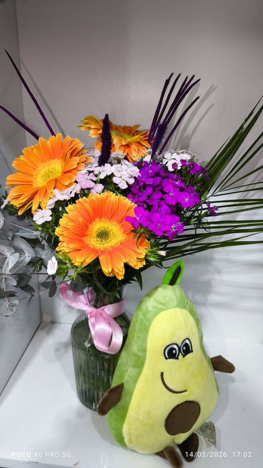 Avakado peluş ve Çizgili Cam Vazoda Turuncu Gerbera Hüsnü Yusuf aranjmanı