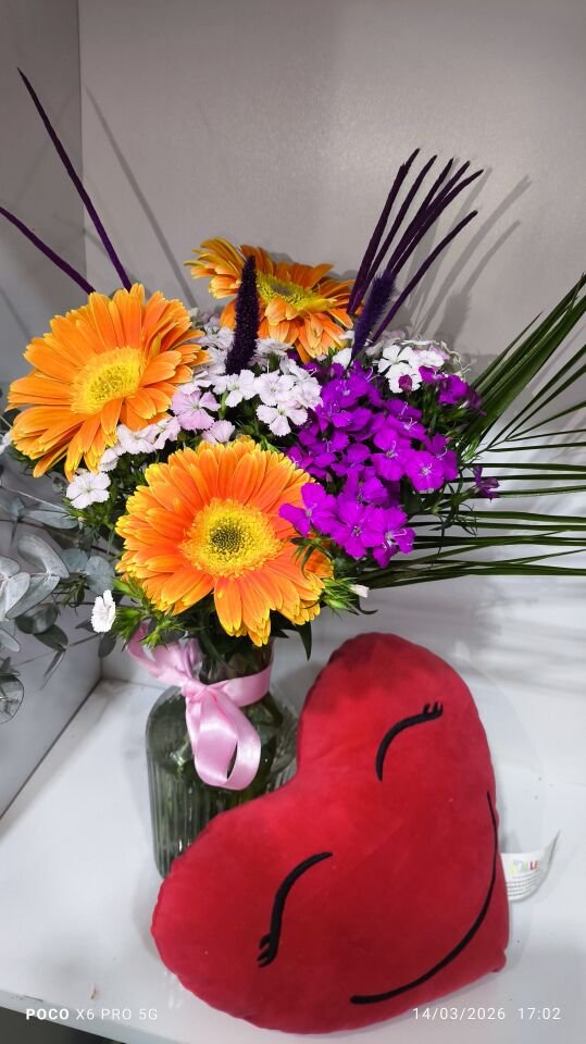 Kalpli yastık ve Çizgili Cam Vazoda Turuncu Gerbera Hüsnü Yusuf aranjmanı