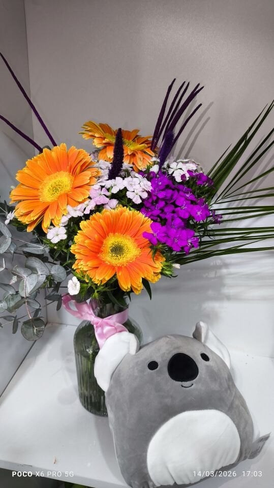 Koala yastık ve Çizgili Cam Vazoda Turuncu Gerbera Hüsnü Yusuf aranjmanı