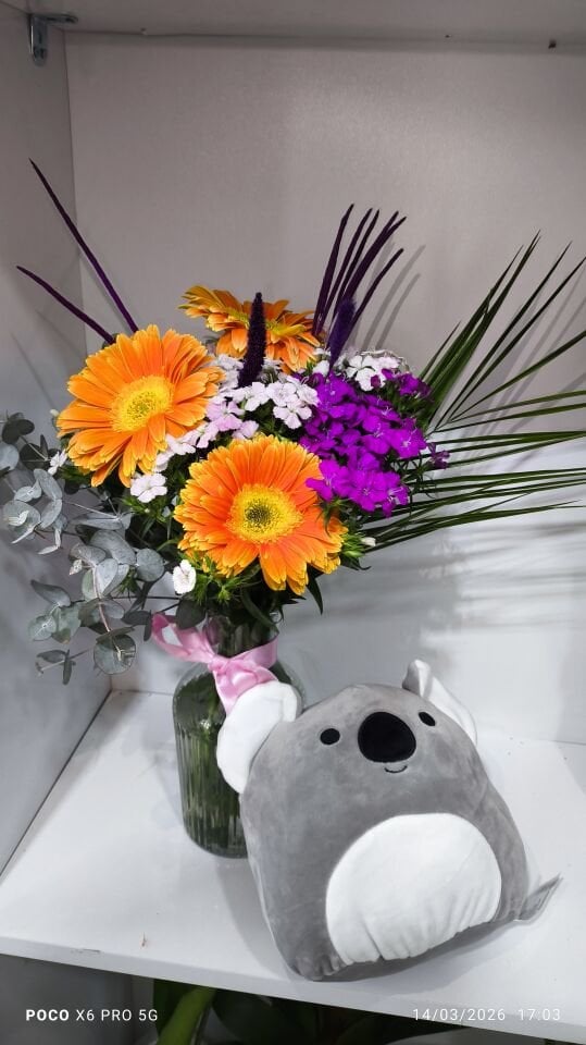 Koala yastık ve Çizgili Cam Vazoda Turuncu Gerbera Hüsnü Yusuf aranjmanı